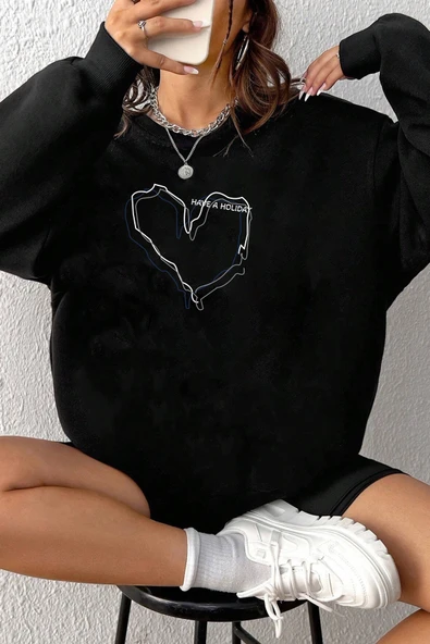 Unisex Holiday Baskılı Bisiklet Yaka Sweatshirt ürün görseli 1