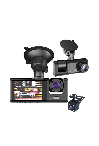Qasul Araç Içi Kamera 3 Kameralı (Yol + Araç Içi+ Arka) Fhd Video Kayıt Mikrofonlu