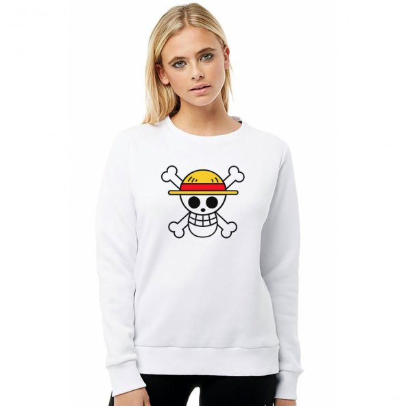 Anime One Piece Logo Baskılı Beyaz Kadın Örme Sweatshirt Uzun kol - 1