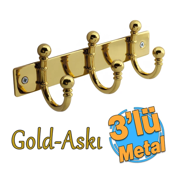 Metal 3'lü Birleşik Vestiyer Duvar Monteli Askı Dolap Askılığı Vidalı Gold Elbise Askısı 1 Adet