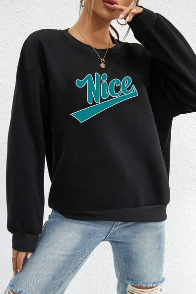 Unisex Nice Baskılı Bisiklet Yaka Sweatshirt - 3