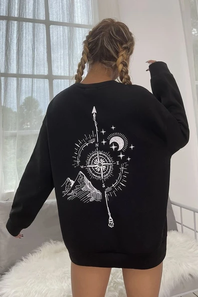 Unisex Pusula Sırt Baskılı Bisiklet Yaka Sweatshirt - 1