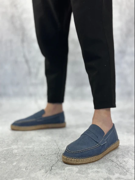 BA0359 BOA Doğal Deri Tozu Bağcıksız Kauçuk El Yapımı Espadril Taban Mavi Renk Erkek Ayakkabı - 4