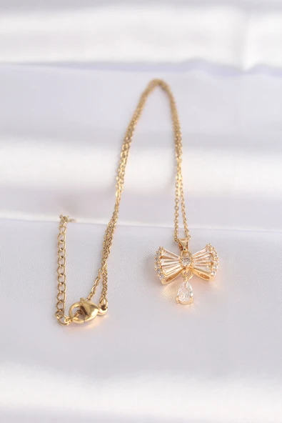 316L Çelik Zincir Altın Renk Zirkon Taşlı Kalp Detay Fiyonk Kolye - TJ-BKO8603 - Resim 2