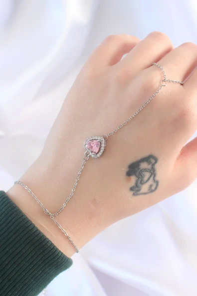 316L Çelik Gümüş Renk Pembe Zirkon Taşlı Kalp Model Şahmeran - TJ-SN582 - 2