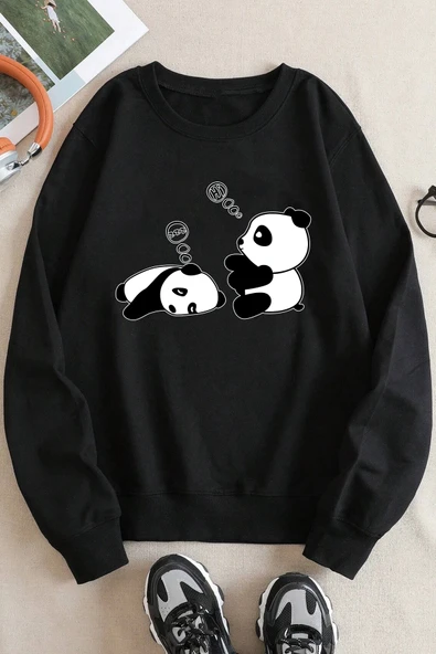 Unisex Uykucu Panda Baskılı Bisiklet Yaka Sweatshirt - 1