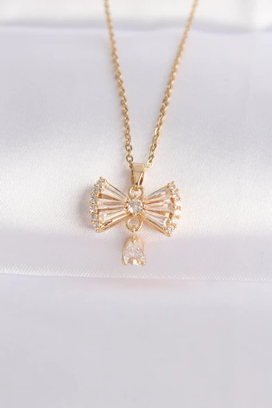 316L Çelik Zincir Altın Renk Zirkon Taşlı Kalp Detay Fiyonk Kolye - TJ-BKO8603 ürün görseli 1