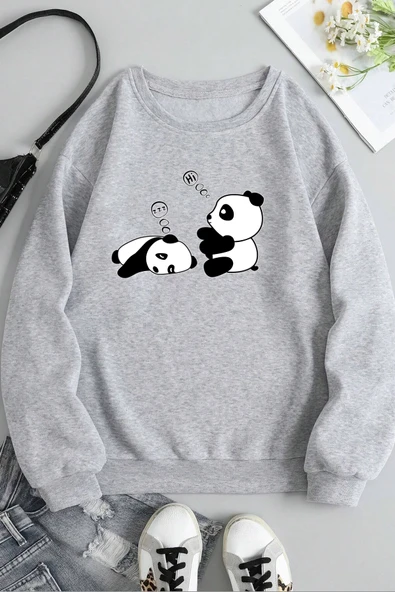 Unisex Uykucu Panda Baskılı Bisiklet Yaka Sweatshirt - 3
