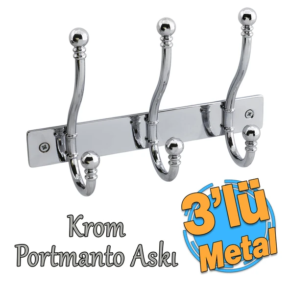 Metal Krom 3'lü Birleşik Portmanto Vestiyer Duvar Monteli Dolap Askılığı Vidalı Elbise Asma 1 Adet
