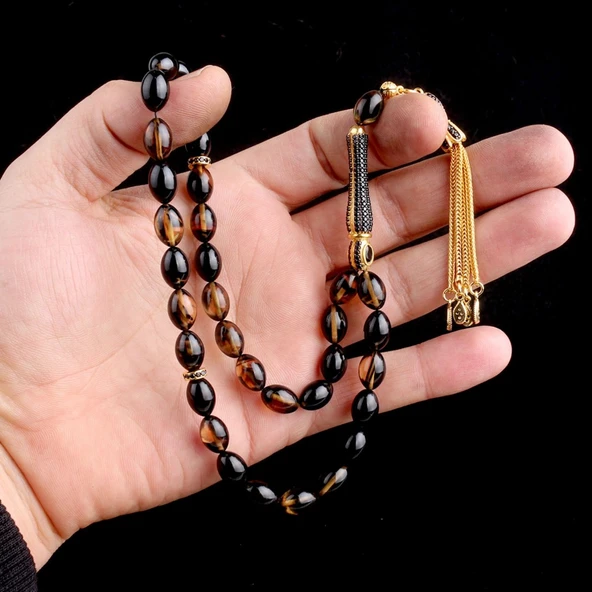 925 Ayar Gümüş Zirkon Taşlı Set Püsküllü Çift Renk Ateş Kehribar Tesbih - Resim 3