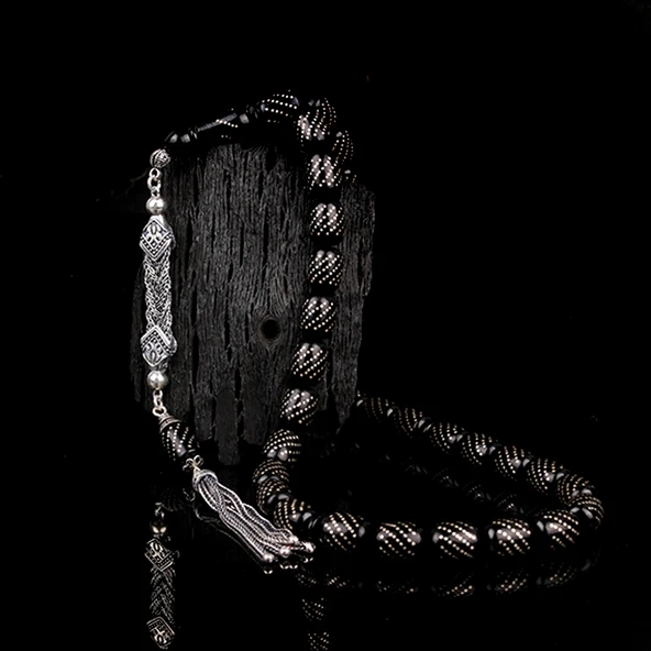 GÜMÜŞ PÜSKÜLLÜ GÜMÜŞ İŞLEME KAPSÜL ATEŞ KEHRİBAR TESBİH - Resim 2