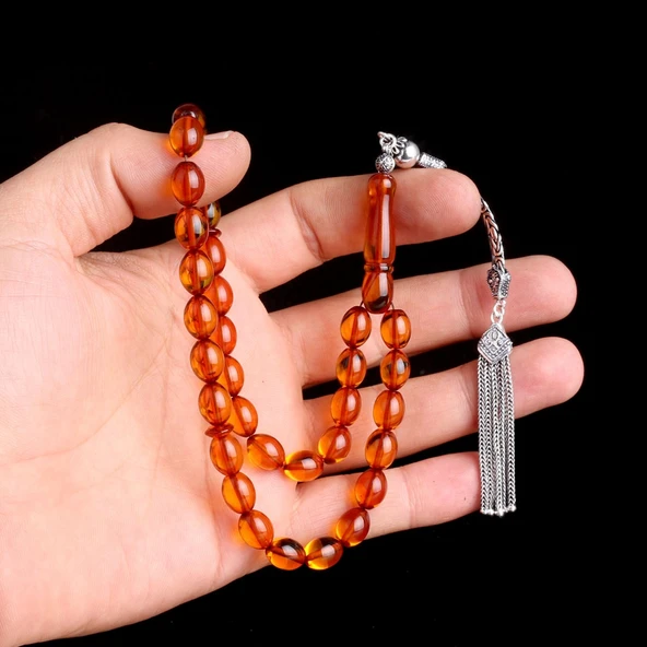 925 Ayar Gümüş Kral Püsküllü Arpa Kesim Damla Kehribar Tesbih - Resim 3