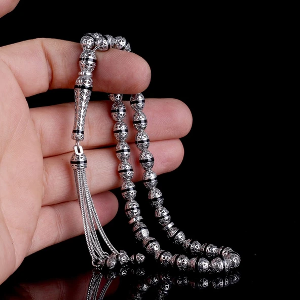 ARPA KESİM SİYAH RENK MİNELİ 925 AYAR GÜMÜŞ TESBİH - Resim 3