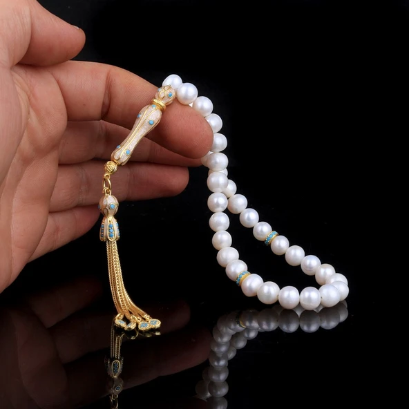 ALTIN KAPLAMA ZİRKON TAŞLI GÜMÜŞ SET İNCİ TAŞLI TESBİH - Resim 2