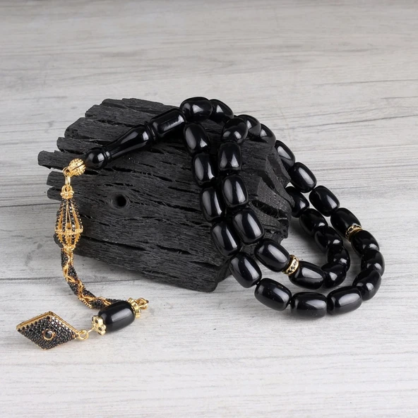 Altın Kaplama Gümüş Zirkon Taş Püsküllü Siyah Renk Kapsül Kesim Ateş Kehribar Tesbih - Resim 2