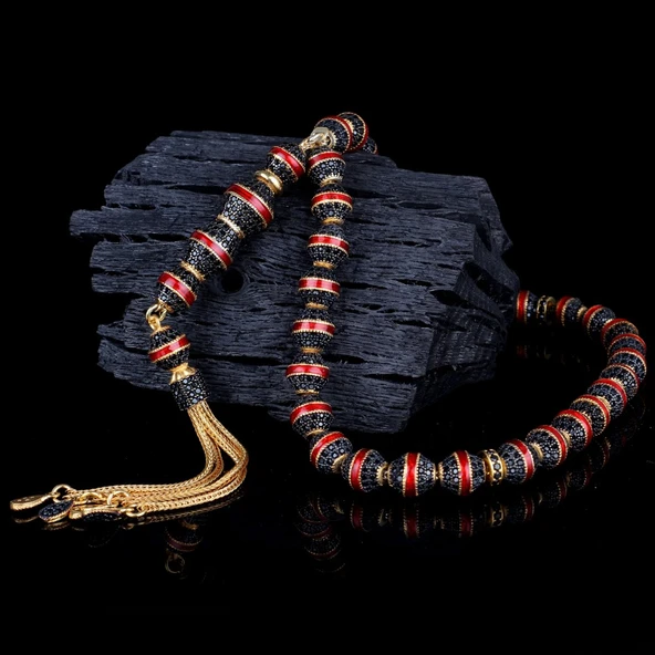 ALTIN KAPLAMALI KIRMIZI MİNELİ 925 AYAR GÜMÜŞ TESBİH - Resim 2