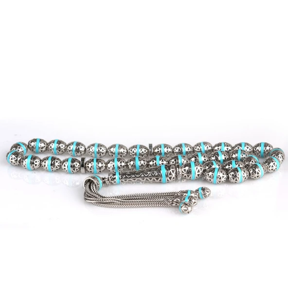 ARPA KESİM TURKUAZ RENK MİNELİ 925 AYAR GÜMÜŞ TESBİH - Resim 4