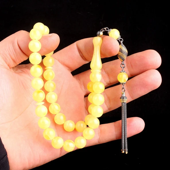 925 Ayar Gümüş Püsküllü 10 mm Damla Kehribar Tesbih - Resim 2