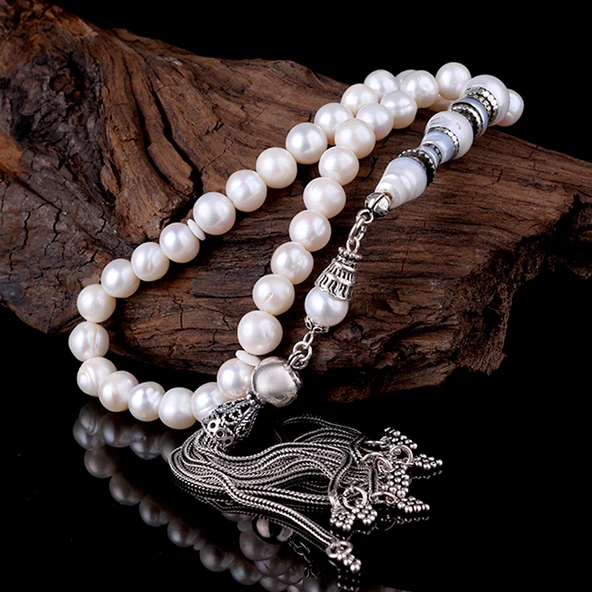 925 AYAR GÜMÜŞ ÖZEL TASARIM NAKKAŞ İMAME İNCİ TAŞI TESBİH - Resim 5