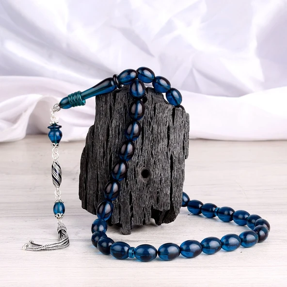 925 Ayar Gümüş Mineli Püsküllü Mavi Renk Ateş Kehribar Tesbih ürün görseli