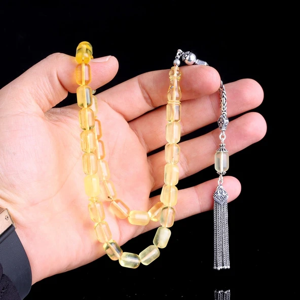 925 Ayar Gümüş Püsküllü Kapsül Kesim Şeffaf Renk Damla Kehribar Tesbih - Resim 3