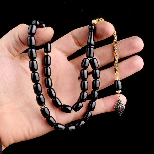 Altın Kaplama Gümüş Zirkon Taş Püsküllü Siyah Renk Kapsül Kesim Ateş Kehribar Tesbih - Resim 3