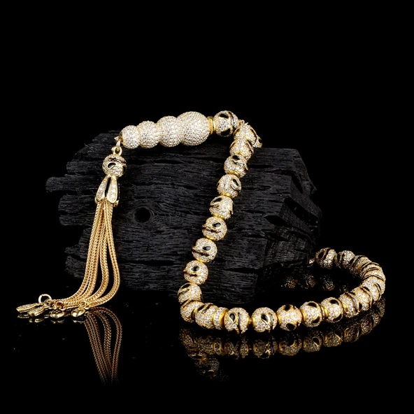 ALTIN KAPLAMA ZİRKON TAŞLI SİYAH MİNELİ 925 AYAR GÜMÜŞ TESBİH - Resim 2