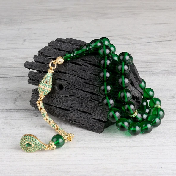 925 Ayar Gümüş Zirkon Taşlı Püsküllü Yeşil Renk Ateş Kehribar Tesbih - Resim 2