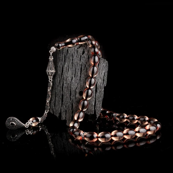 925 Ayar Gümüş Zirkon Taşlı Püsküllü Duman Renk Ateş Kehribar Tesbih ürün görseli