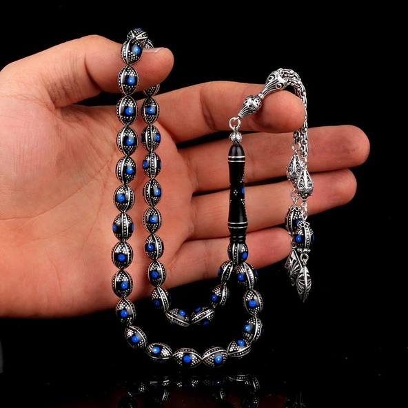 Arpa Model Gümüş İşlemeli Erzurum Oltu Taşı Tesbih - Resim 3