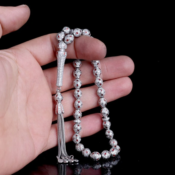 KIRMIZI BEYAZ ZİRKON TAŞ İŞLEMELİ TAMAMI 925 AYAR GÜMÜŞ TESBİH - Resim 3