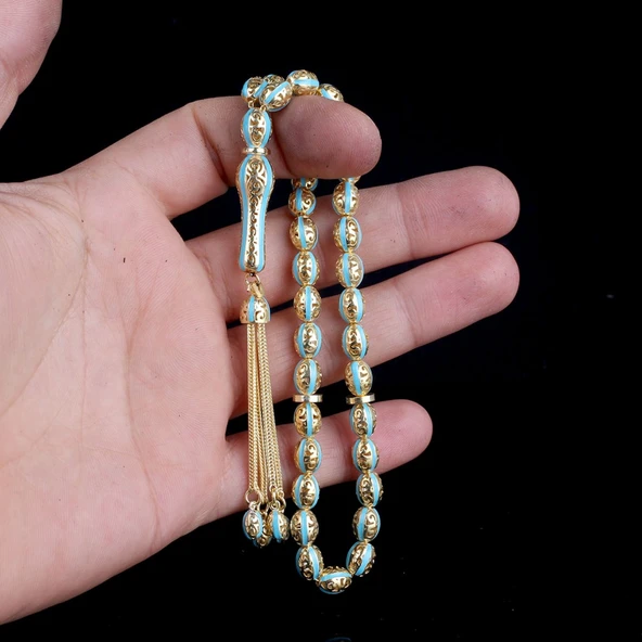 ARPA KESİM ALTIN KAPLAMA TURKUAZ RENK MİNELİ 925 AYAR GÜMÜŞ TESBİH - Resim 3