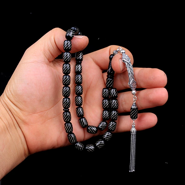 GÜMÜŞ PÜSKÜLLÜ GÜMÜŞ İŞLEME KAPSÜL ATEŞ KEHRİBAR TESBİH - Resim 3