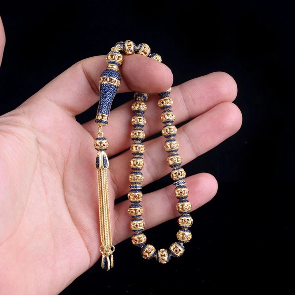 ALTIN KAPLAMA LACİVERT RENK ZİRKON TAŞLI 925 AYAR GÜMÜŞ TESBİH - Resim 3