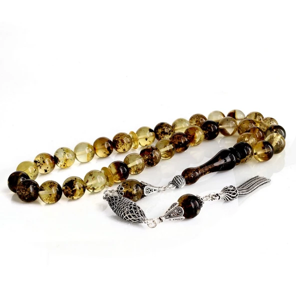 10 mm Fosilli Damla Kehribar Tesbih 925 Ayar Gümüş Püsküllü - Resim 2