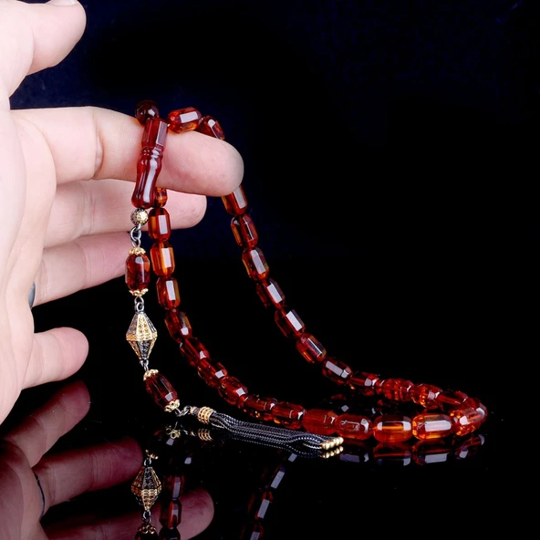 Çift Renk Gümüş Püsküllü Fasetli Damla Kehribar Tesbih - Resim 4