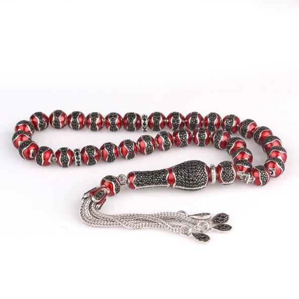 KIRMIZI RENK MİNELİ ZİRKON TAŞLI 925 AYAR GÜMÜŞ TESBİH - Resim 4