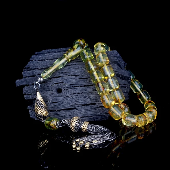 HER TANESİ SİNEK FOSİLLİ GÜMÜŞ PÜSKÜLLÜ KAPSÜL KESİM DAMLA KEHRİBAR TESBİH - Resim 2