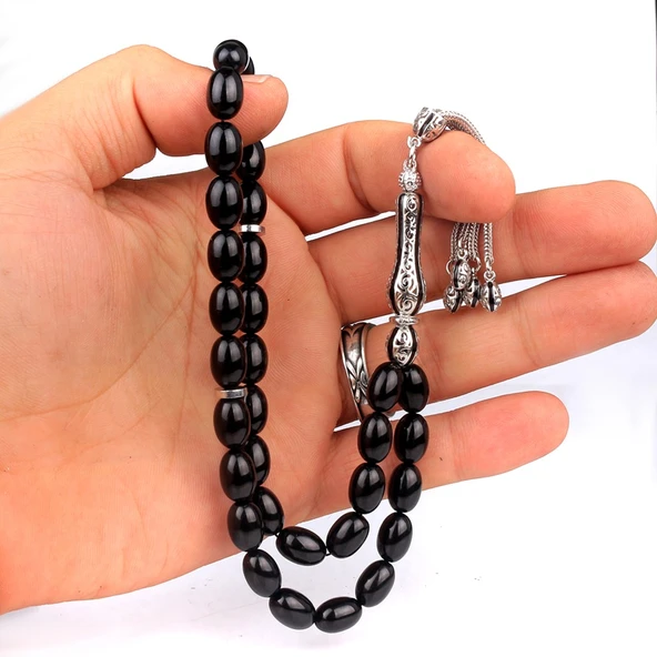 925 AYAR GÜMÜŞ PÜSKÜLLÜ ATEŞ KEHRİBAR TESBİH - Resim 3