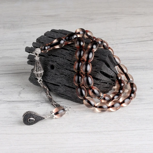 925 Ayar Gümüş Zirkon Taşlı Püsküllü Duman Renk Ateş Kehribar Tesbih - Resim 2