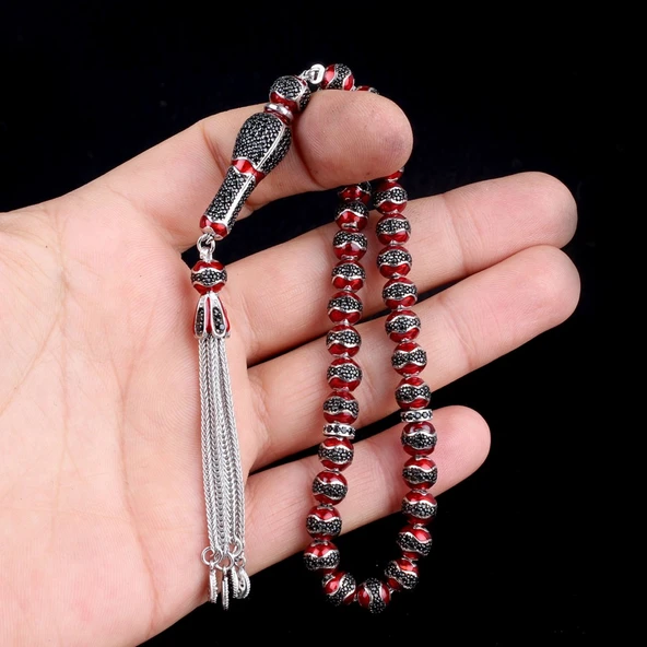 KIRMIZI RENK MİNELİ ZİRKON TAŞLI 925 AYAR GÜMÜŞ TESBİH - Resim 3