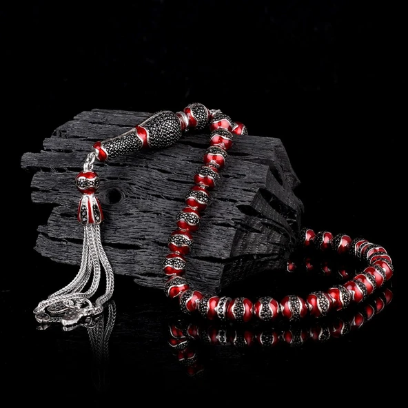 KIRMIZI RENK MİNELİ ZİRKON TAŞLI 925 AYAR GÜMÜŞ TESBİH - Resim 2