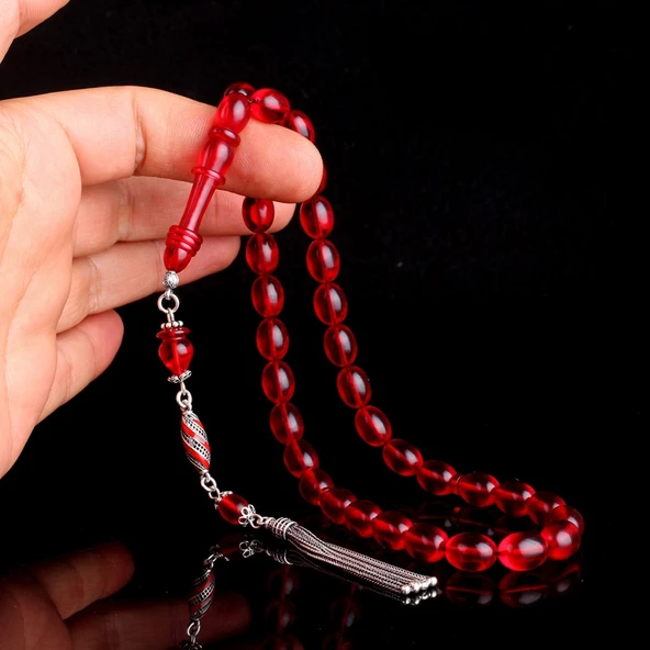 925 Ayar Gümüş Mineli Püsküllü Kırmızı Renk Ateş Kehribar Tesbih - Resim 3