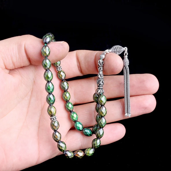 925 Ayar Gümüş Püsküllü Renk Değiştiren Arpa Kesim His Taşı Tesbih - Resim 3