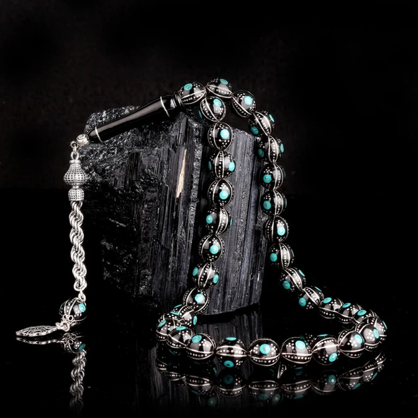 Erzurum Oltu Taşı Üzerine Firuze İşleme 925 Ayar Gümüş Püsküllü Tesbih ürün görseli 1