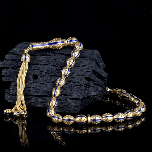 ARPA KESİM ALTIN KAPLAMA LACİVERT RENK MİNELİ 925 AYAR GÜMÜŞ TESBİH - Resim 2