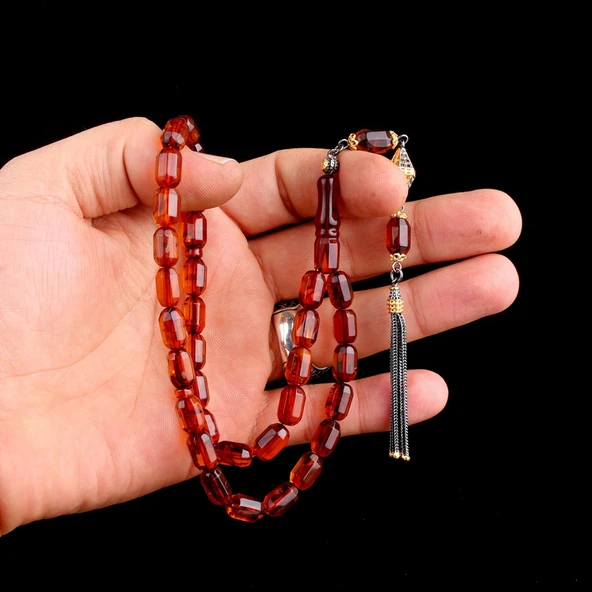 Çift Renk Gümüş Püsküllü Fasetli Damla Kehribar Tesbih - Resim 3