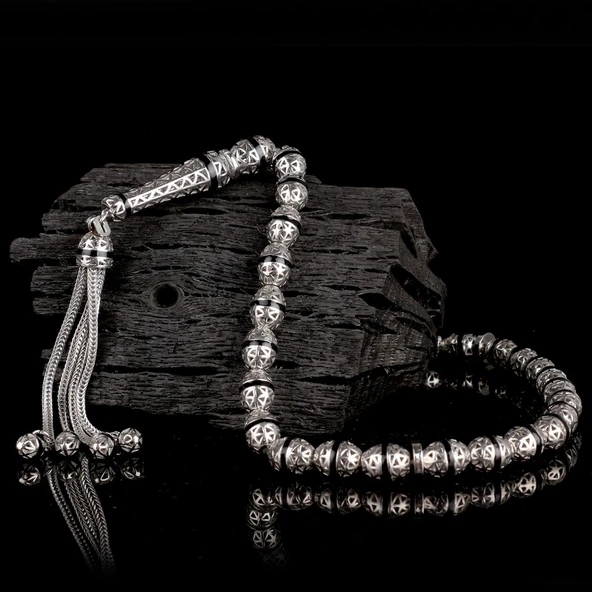 ARPA KESİM SİYAH RENK MİNELİ 925 AYAR GÜMÜŞ TESBİH - Resim 2