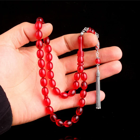 925 Ayar Gümüş Mineli Püsküllü Kırmızı Renk Ateş Kehribar Tesbih - Resim 2