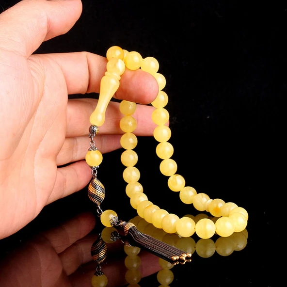 925 Ayar Gümüş Püsküllü 10 mm Damla Kehribar Tesbih - Resim 3